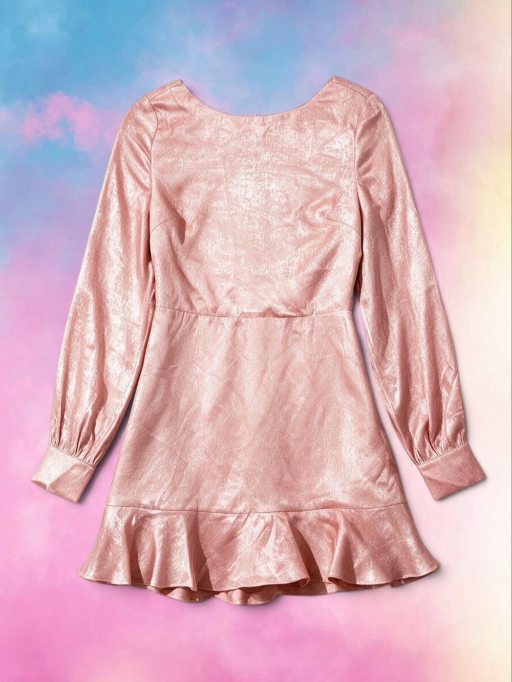 Metallic Pink Long-Sleeve Ruffle-Hem Dress